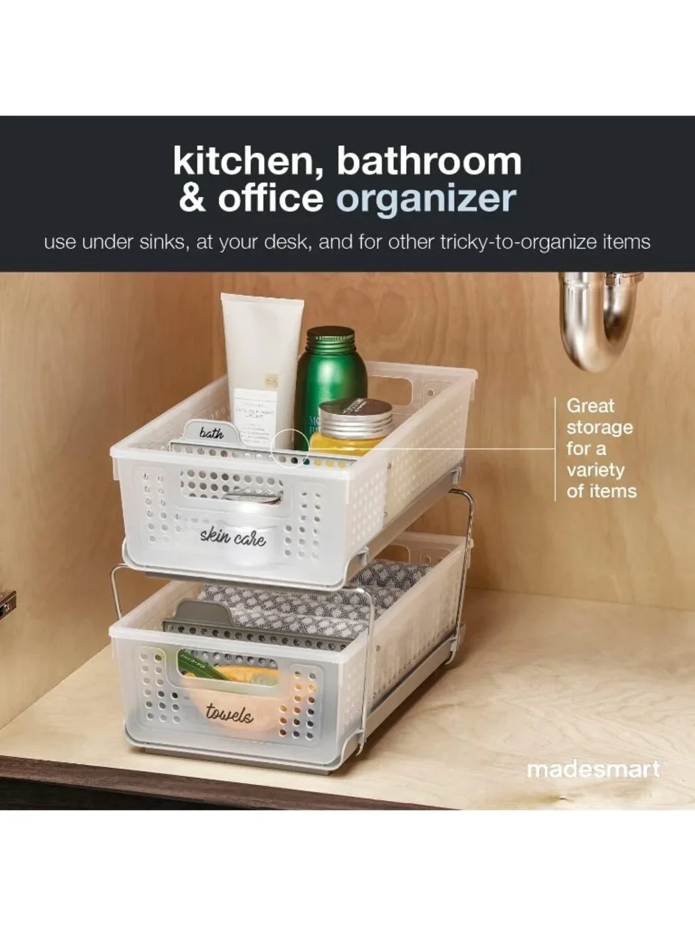 New 2 Tier Under Sink Bath Organizer Pull-Out Baskets Adjustable Dividers